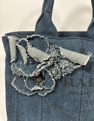 PRADA デニム ハンドバッグ フラワーモチーフ 2WAY 希少 カパナ PRADA Navy Denim Canapa Floral Appliqué Tote Bag Rare Y2K Vintage