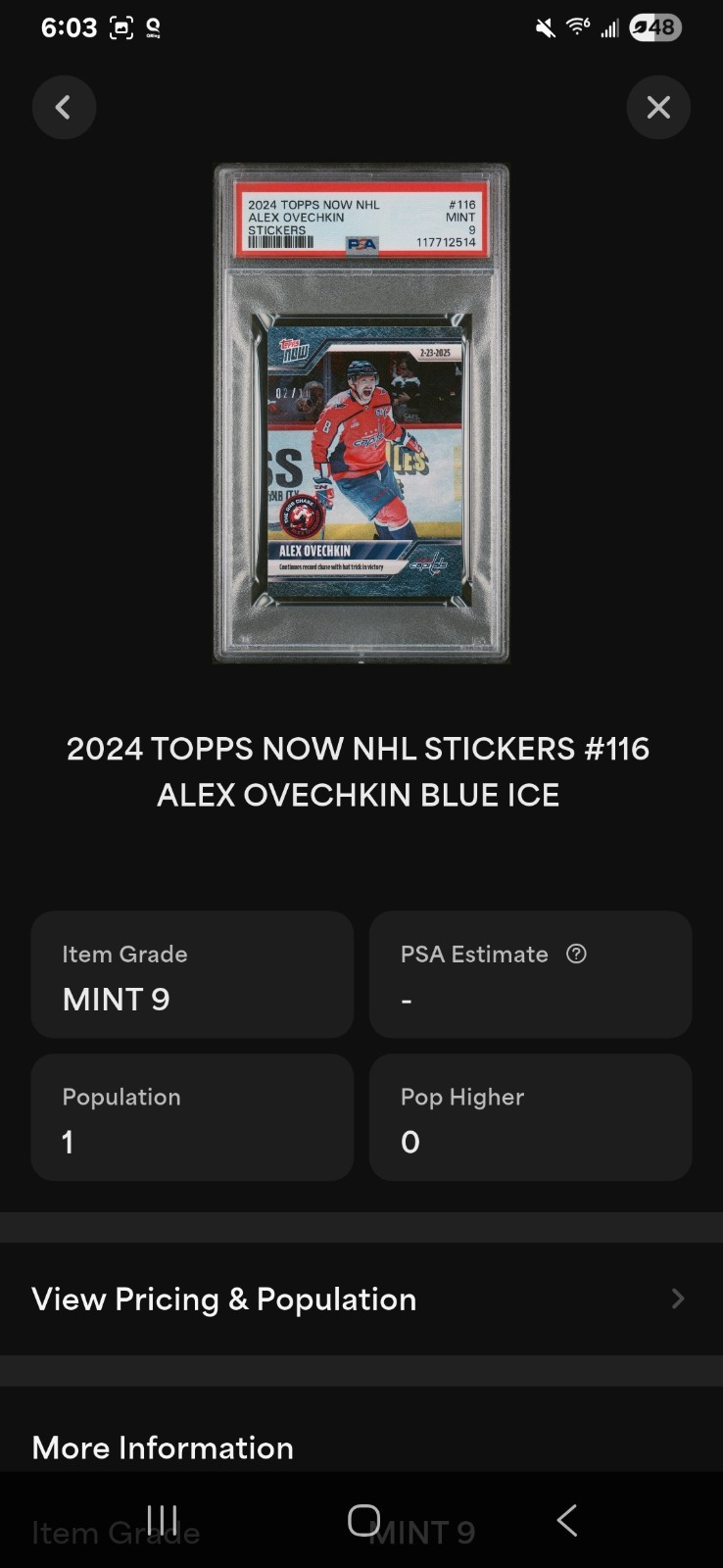 2024 Topps Now NHL Stickers #116 Blue Ice Alex Ovechkin Capitals PSA 9 view 3