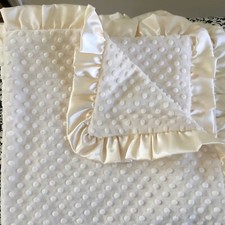 HTF Solid Cream Plush  Satin Ruffle Baby Blanket Minky Blankie Beautiful 