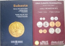 2 Cataloghi d'aste di numismatica: monete spagnole (Pesetas e 8 Reali)