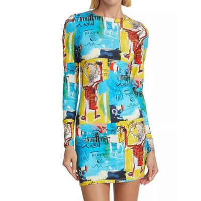 Alice + Olivia Basquiat Delora Graffiti Body Con Mini Dress Blue Jersey 10