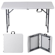 4FT Plastic Folding Table Indoor Outdoor Heavy Duty Fold-in-Half w/ Handle White