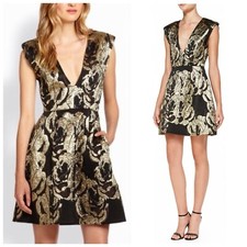 ALICE+OLIVIA *Pacey* Black Gold Jacquard V-Neck Structured Skater Dress UK 8/10