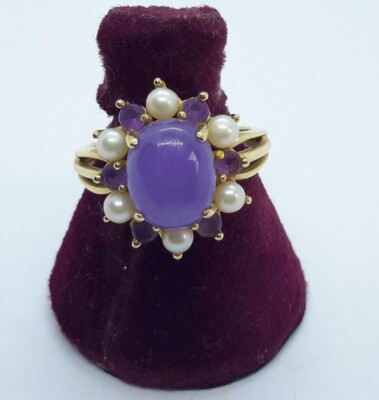 Lavender Jadeite Jade Pearl Amethyst 14k Yellow Gold Ring