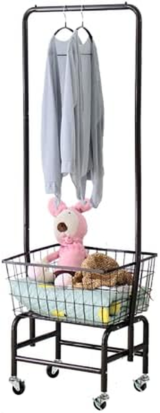 Rolling Laundry Hamper Basket Cart with Wire Storage Rack and Hanging Commercial