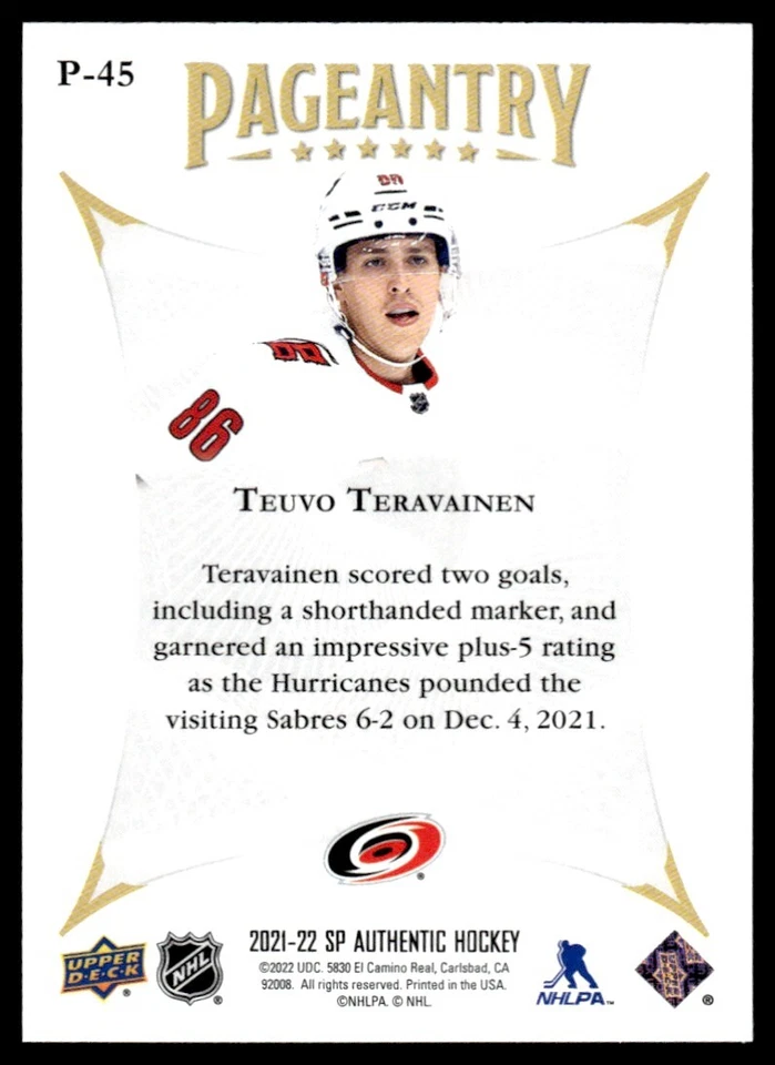 2021-22 SP Authentic Pageantry Teuvo Teravainen Carolina Hurricanes #P-45 - Image 2 of 2