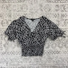 J for Justify White Elastic Waist Floral Short Sleeve Blouse V-Neck Size Small