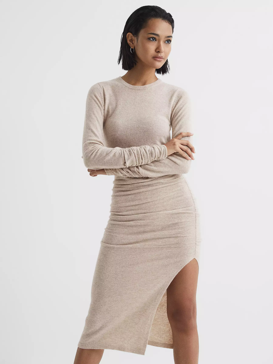 REISS Charley Ruched Cashmere Blend Knitted Jumper Midi Dress in Oatmeal |  eBay