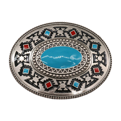 Oval Silver Concho Belt Buckle with Teal Turquoise Accent Southwestern Turquoise Concho Belt Buckle – Oval Cowboy  main image 3