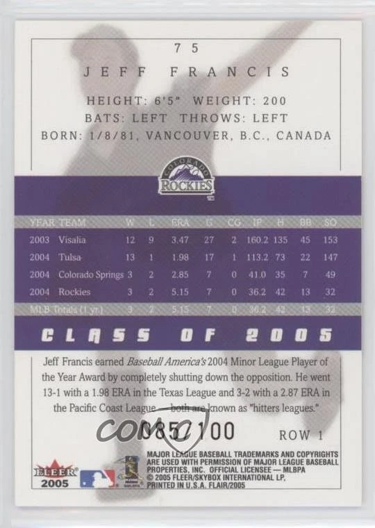 2005 Flair Row 1 /100 Jeff Francis #75 - Image 2 of 2