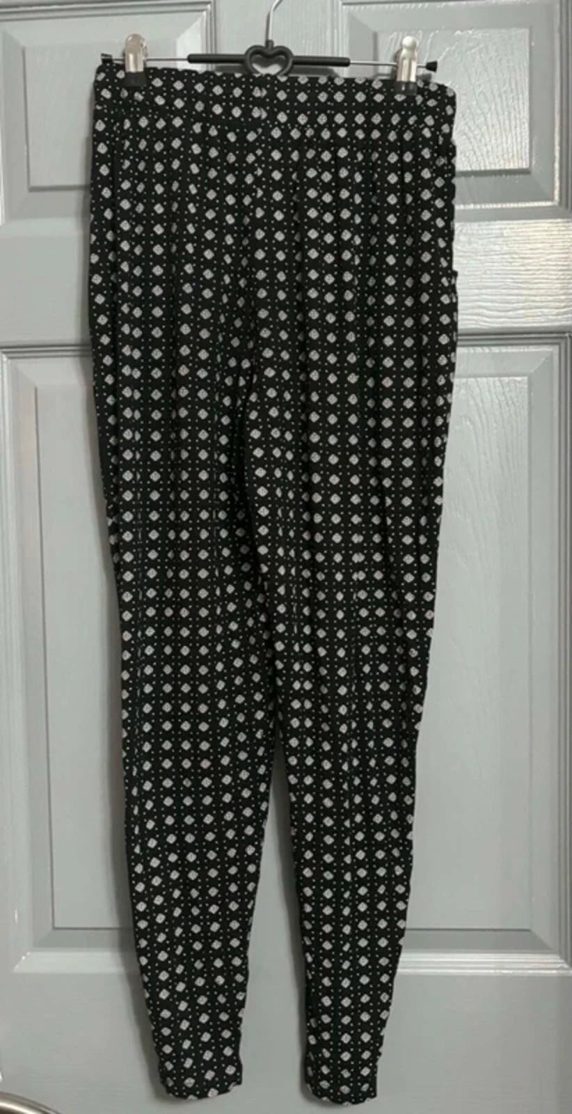 Next Petite Black Geometric Print Drawstring Trousers Size 6