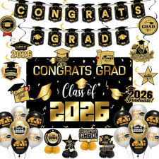 Graduation Decorations Class of 2026, Black Gold Graduation Party Supplies Kit w