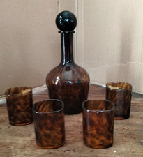 Set Bottiglia Decanter 4 Bicchieri Vetro Ambrato Maculato Empoli Lavorato a Mano