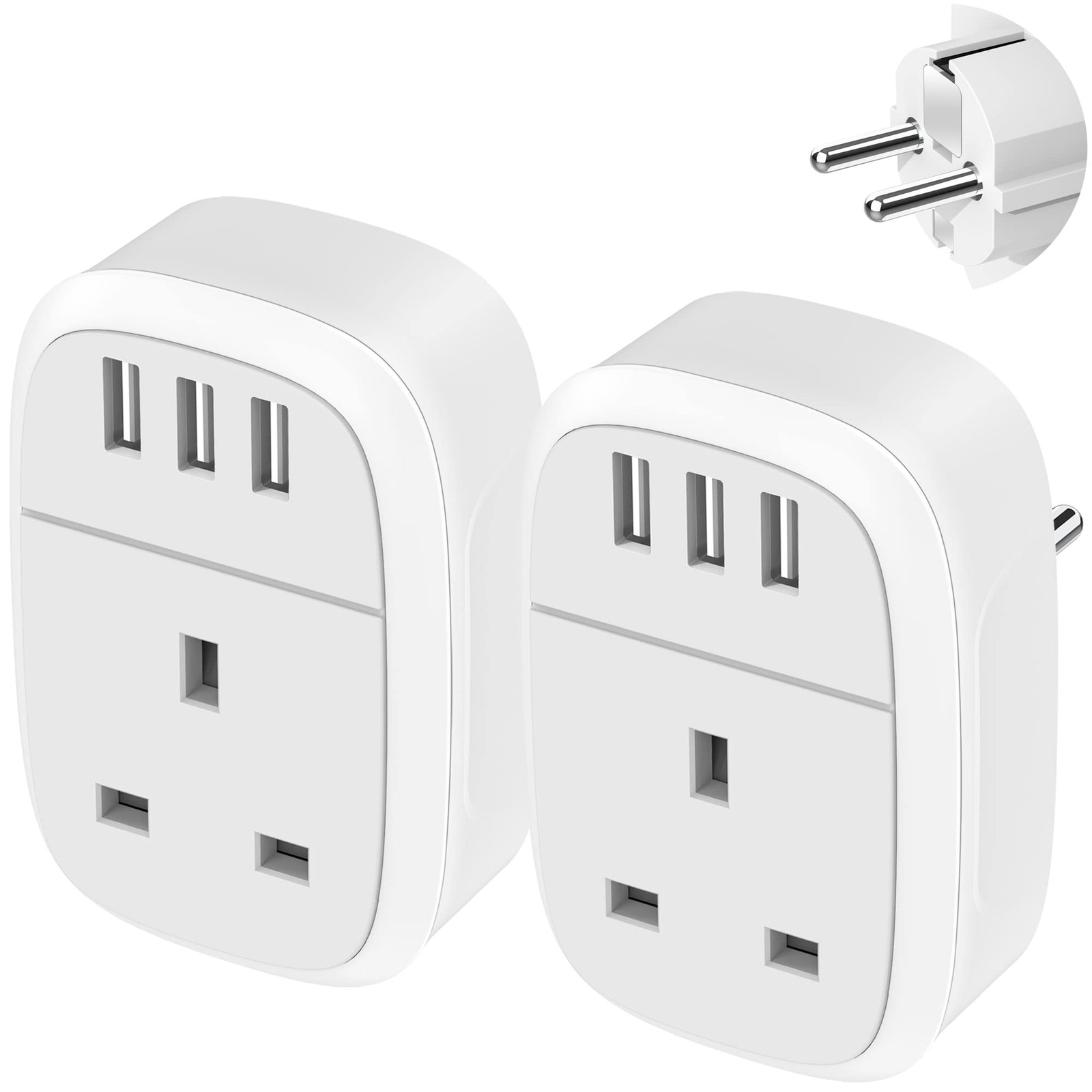 UK to European Adapter Plug 2 Pack, EU Schuko Travel Adaptor with 3 USB Port, Eu