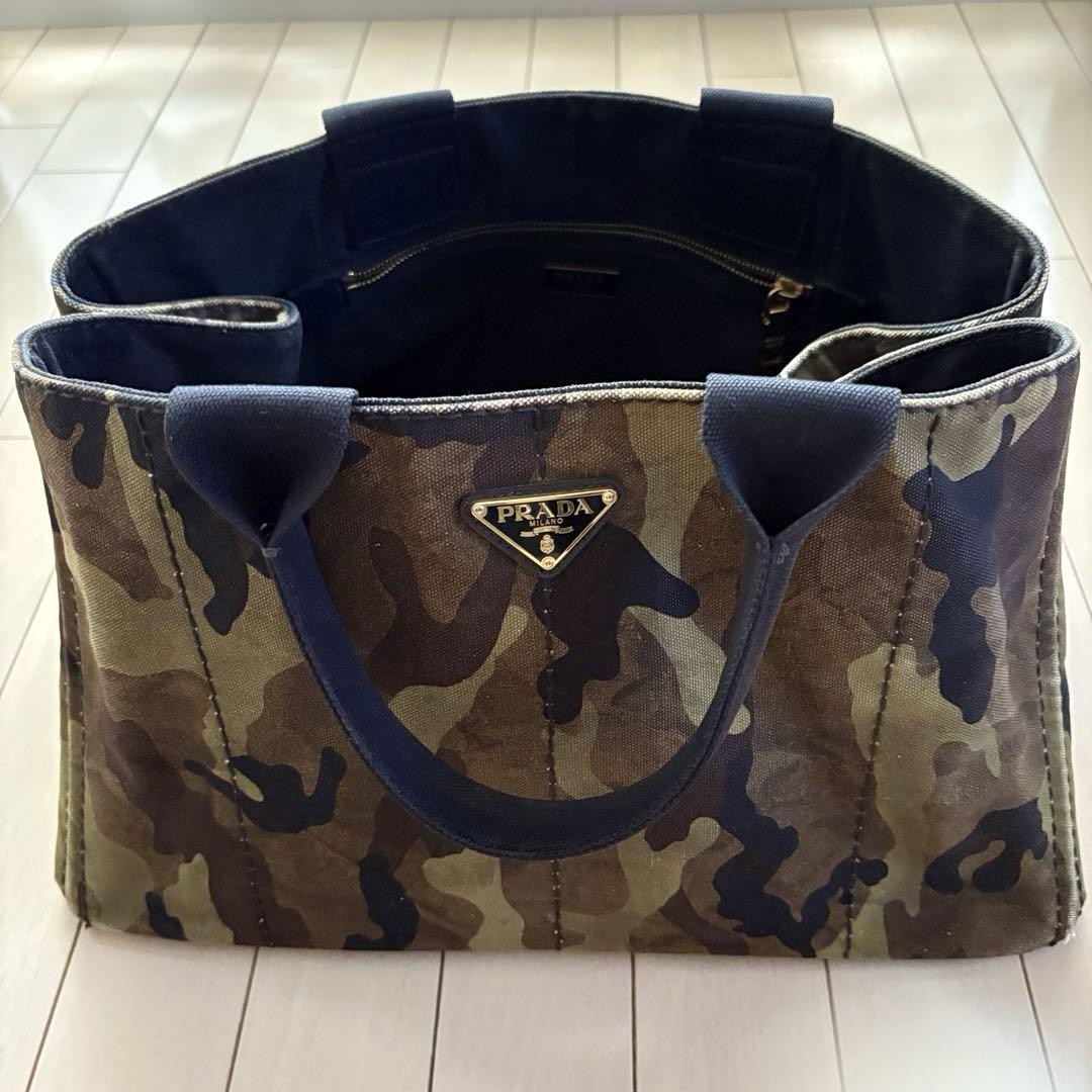 PRADA Canapa Tote Bag Camouflage Canvas 40x25x25cm Khaki Used with