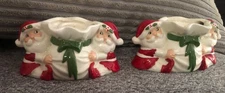 VTG  Pair Santa Claus Ceramic Figurines Taper Candle  Holders Signed Merle