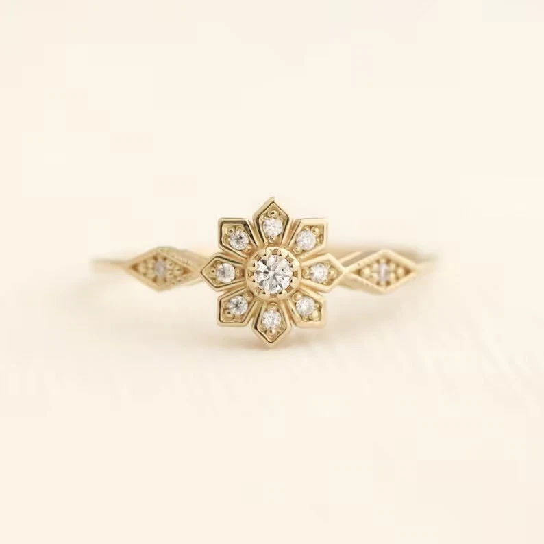 1/10Ct Round Cut CZ Floral Wedding Engagement Ring Yellow Gold Over 925 Sil - Image 2 of 4