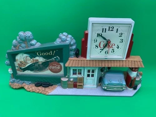 Coca-Cola Hard Plastic Route 66 Gas Station 22" Wall Clock - Working - VTG 1990
