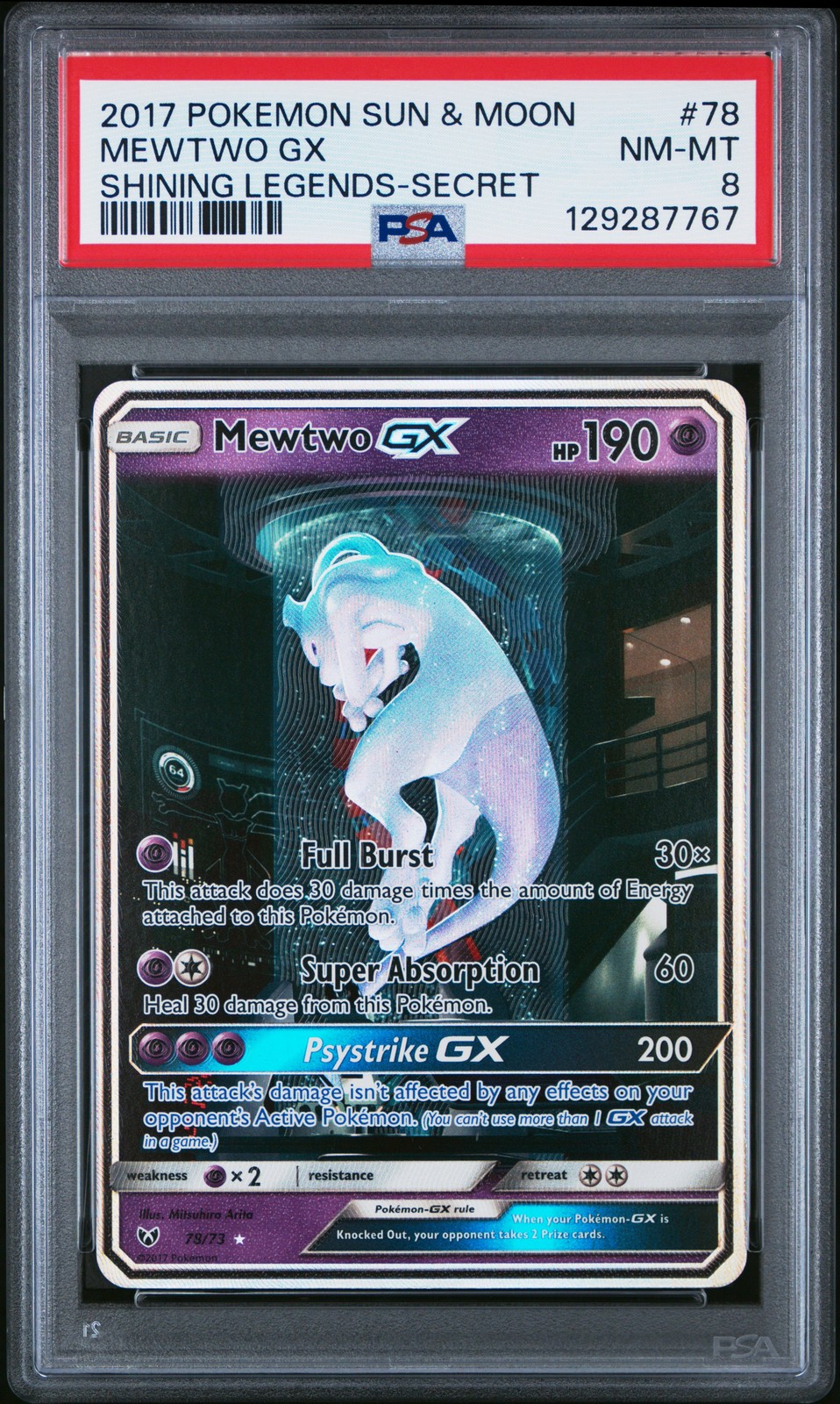 2017 POKEMON SUN & MOON SHINING LEGENDS SECRET #78 MEWTWO GX PSA 8