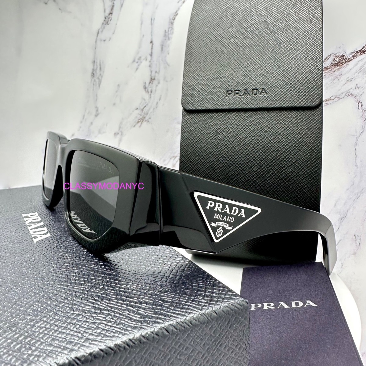 PRADA Sunglasses Black Square Rectangle Plaque Logo Authentic New