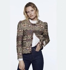 New Zara Jacquard Jacket Wool Cotton Blend Round Collar Cropped Multicolor XS