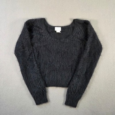 Moda International Sweater Womens Small Black Angora Rabbit Hair Fuzzy Cropped