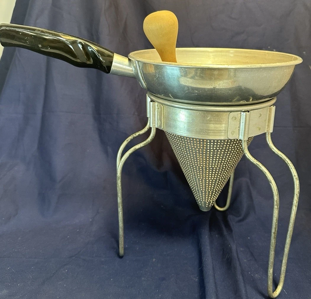Vintage Wear-Ever #462 Aluminum Cone Sieve Strainer Colander Wood Pestle