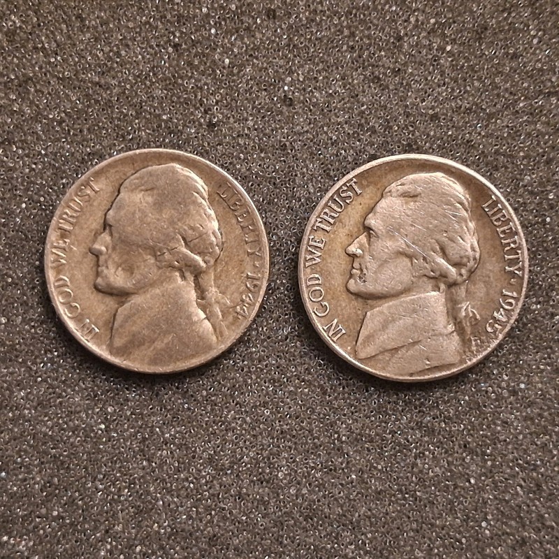 1944 P 1945 S JEFFERSON War Nickels. Circulated Condition.