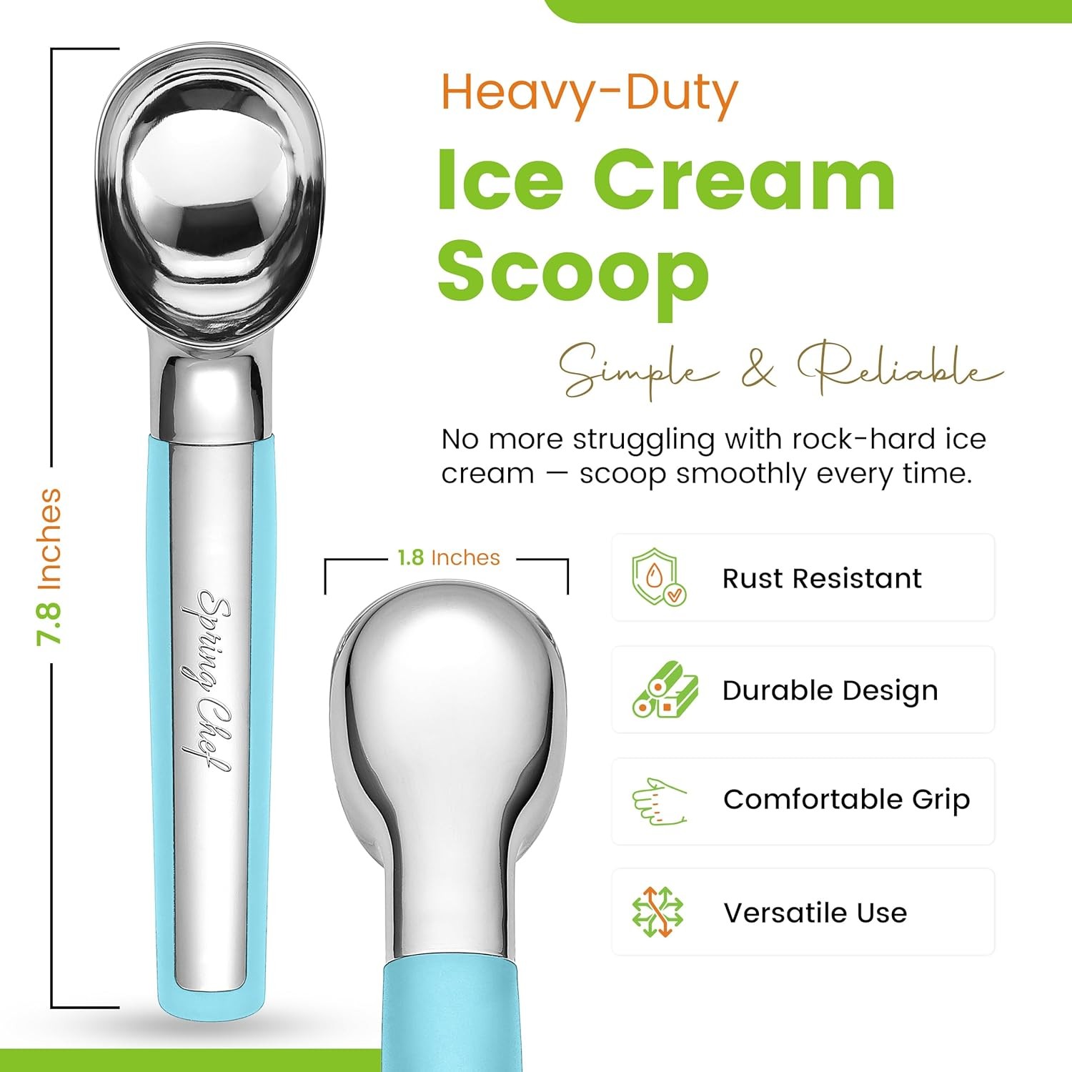 Heavy Duty Metal Ice Cream Scoop Dishwasher Safe Aqua Sky