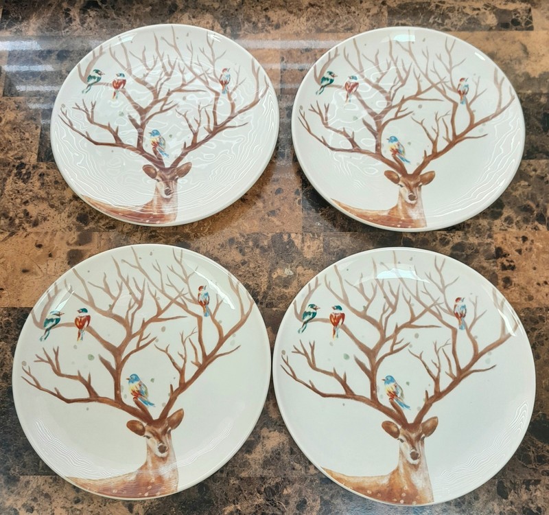 Pier 1 "Alexander Deer Salad Luncheon/Dessert Plates, Antlers, Birds Set of 4