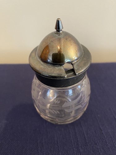 Etched Glass Silver Plate Lid Jelly or Mustard Jar Vintage - Picture 6 of 8