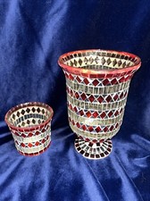 2 Pc Set Mosaic 8” Vase 3.25” Candle Holder Votive Red Mirror Clear Home Decor