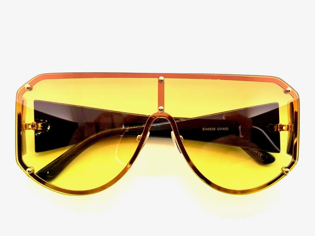 OVERSIZED Exaggerated Retro Shield SUNGLASSES Gold Frame Flat Orange Yellow Lens