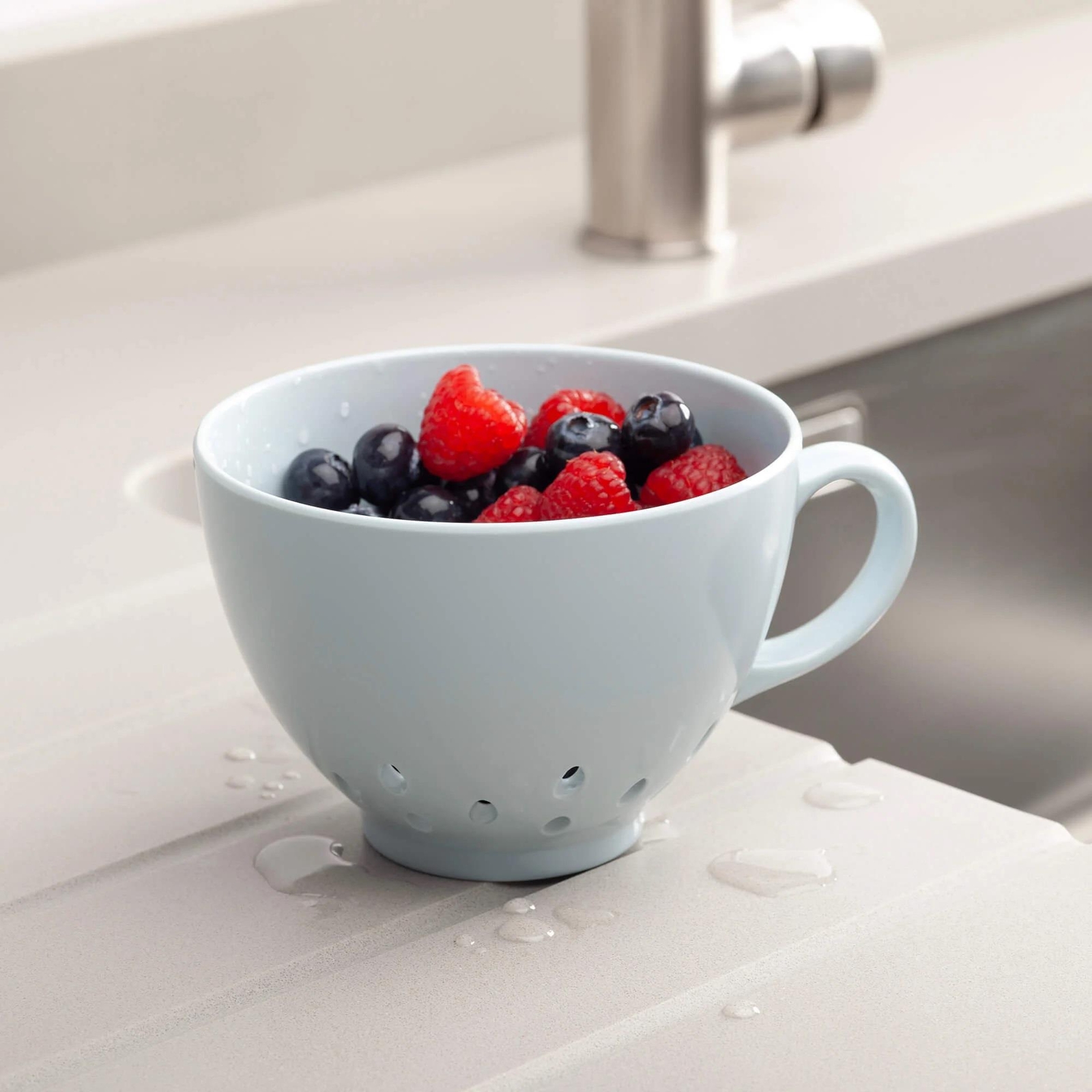Zeal Small Berry Colander, Mug Style Strainer, Melamine, Duck Egg Blue