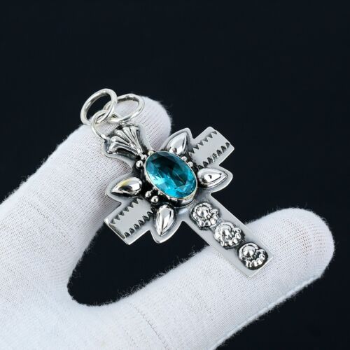 Blue Topaz Gemstone Cross Pendant Handmade 925 Sterling Silver Pendant For Gifts - Picture 1 of 5