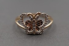 14K Solid Yellow Gold Two Tone Fancy Shine Cut Butterfly CZ Band Ring. Size 7