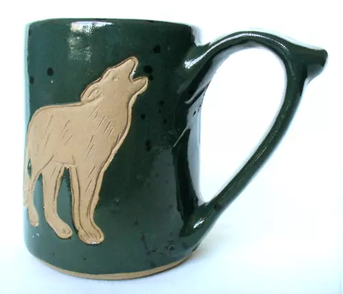 STUDIO ART~Pottery~HAND THROWN~Mug~HOWLING WOLF~Coyote~GREEN~Stoneware~SIGNED~EC