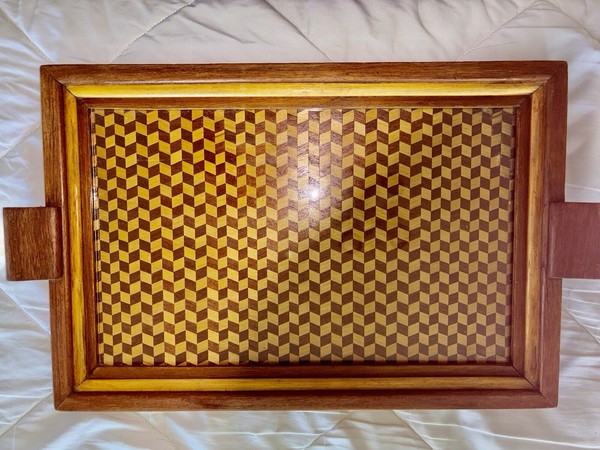 Marquetry Tray with Mohogany & Maple Tumbling Block inlay Natural Finish.