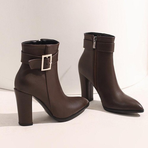 Womens Ladies Riding Ankle Boots Side Zip Block High Heels Faux Leather Shoes SZ - Picture 6 of 13