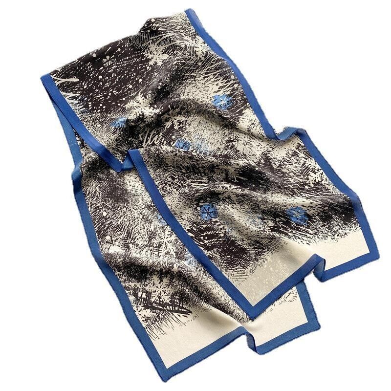 100% Mulberry Silk Crepe Shawl Snow Print Neckerchief Oblong Scarf Black/Blue