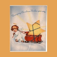 Christmas Card Vintage Angel Tower Cherub Pulling Star Sleigh 1940s Holiday