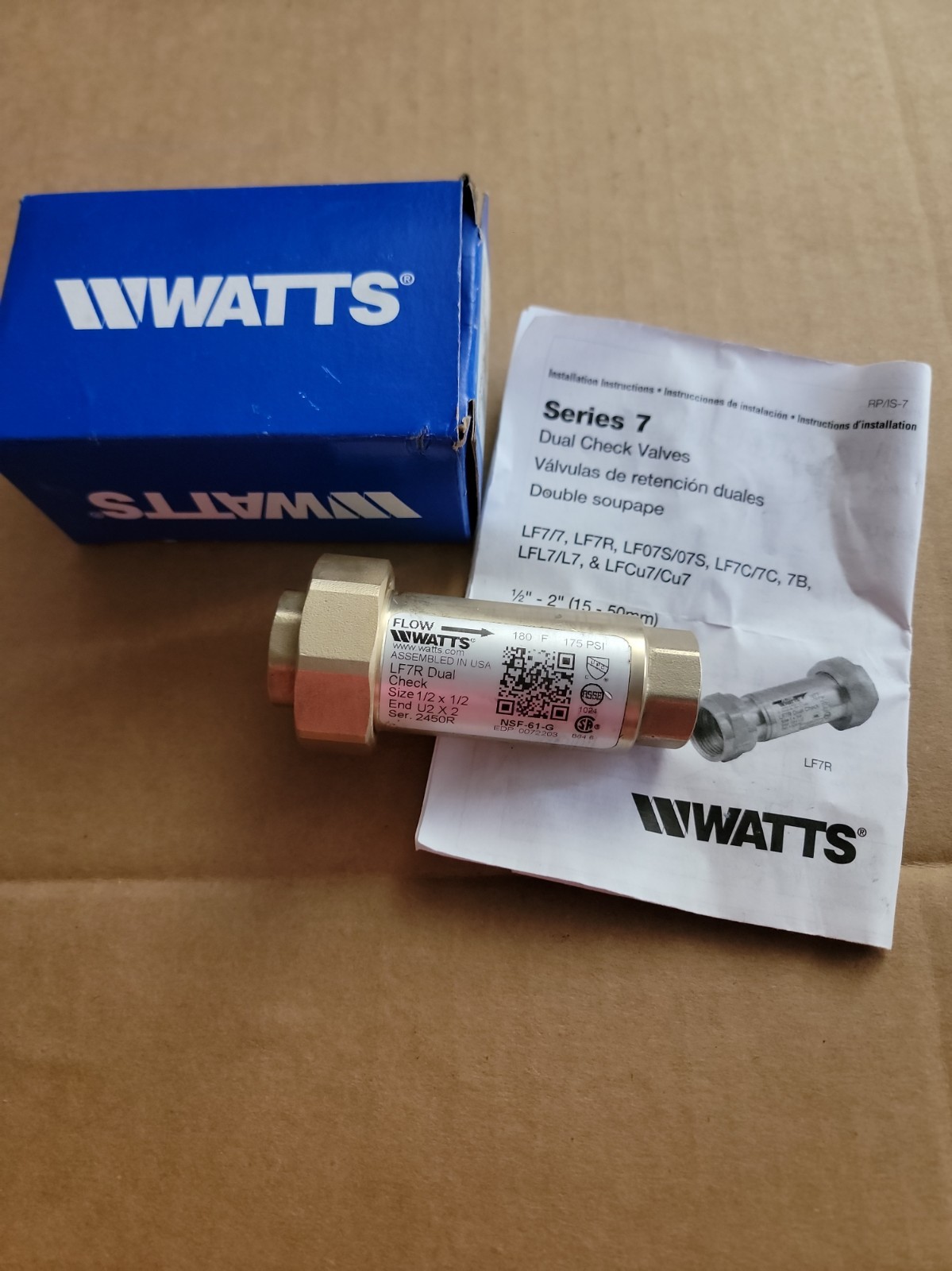 Watts LF7R Series 1/2"x1/2" Lead-Free Brass Dual Check Valve Backflow Preventer