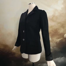 Vintage 1960's Blazer Jacket Black Wool Italian Gino Paoli Beaded Cuffs Collar 