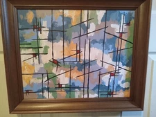 Vintage Abstract Expressionist Modernist Cityscape Oil On Canvas signed AVZ '68