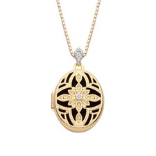 9ct Gold on Silver Filigree Natural Diamond Photo Locket Pendant & Chain