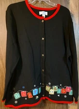 CJ Banks Ugly Christmas Sweater 2X Cardigan Happy Holidays Applique Embroidered