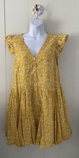 Cleobella Yellow Floral Ruffle Mini Dress Sz Medium Cotton Button Front