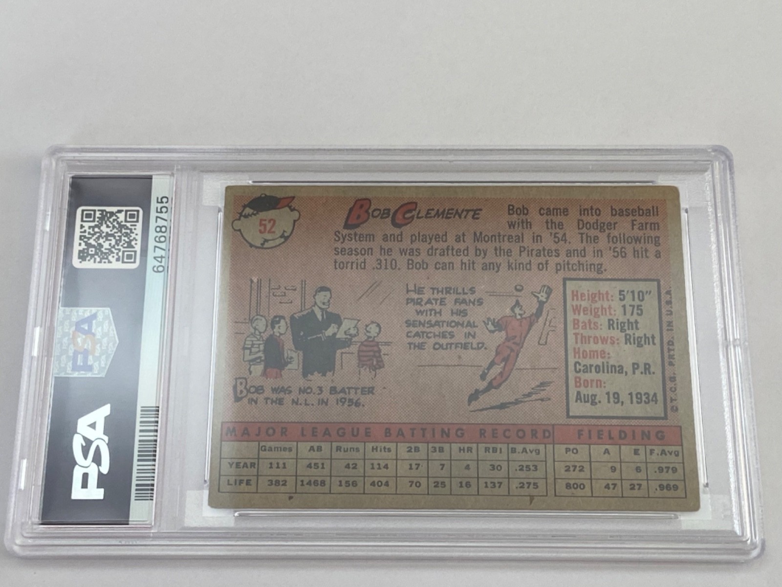 1958 Topps #52 Bob Clemente PSA VG+ 3.5 view 3