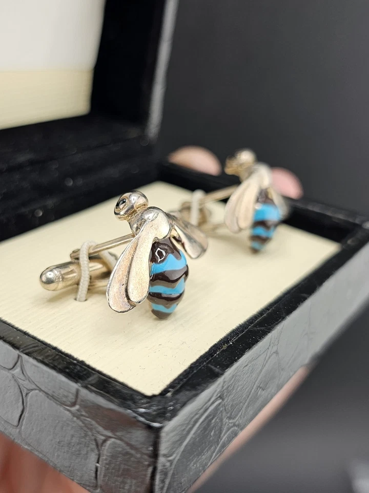 Sterling Silver Bee Cufflinks with Turquoise Enamel - Marked 925 1153 - Image 3 of 4