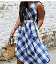 Anthropologie Maeve Belted  Gingham check Cotton Linen Asymmetrical Dress Lg EUC